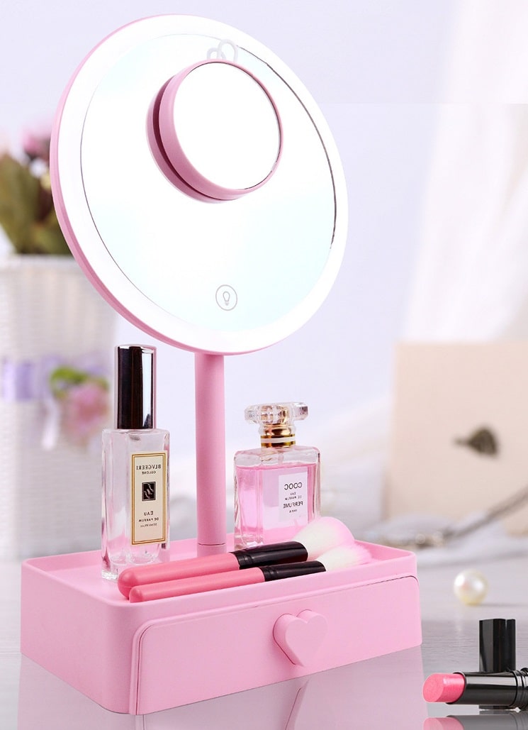 Настольное зеркало для макияжа с подсветкой и увеличением ShineMirror TD-021 розового цвета - фото2