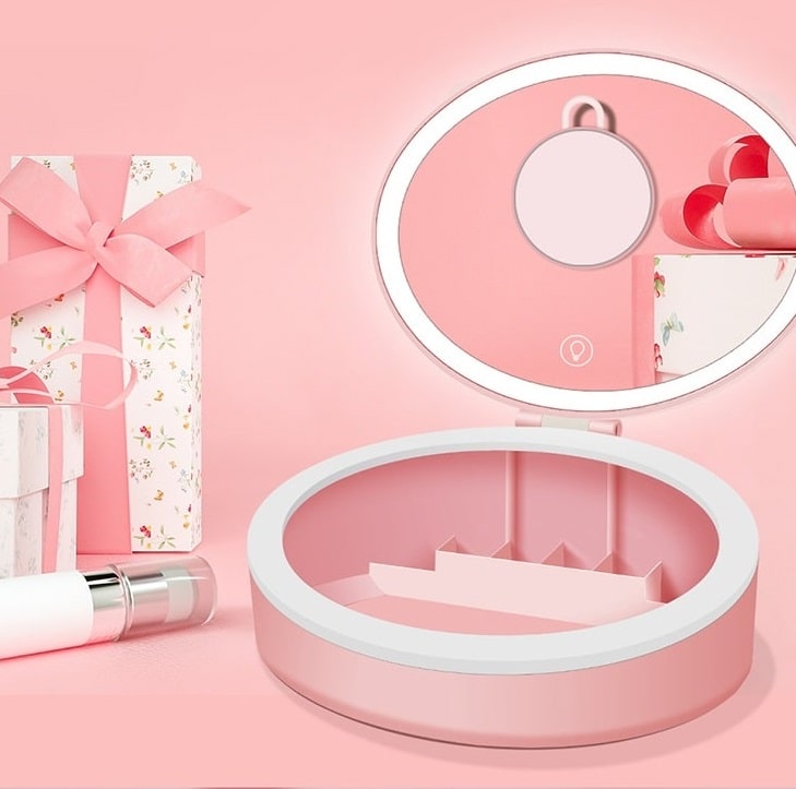 Настольное зеркало для макияжа с подсветкой и увеличением ShineMirror TD-022 розового цвета - фото3