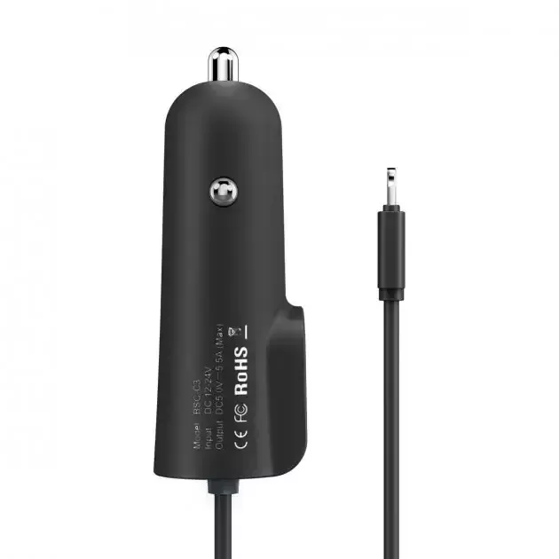 Автомобильное зарядное устройство Baseus CCNL-01 LIghtning 2 входа USB 12-24V 5.5A 1 метр черный - фото3