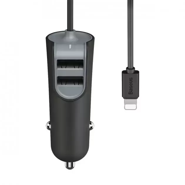 Автомобильное зарядное устройство Baseus CCNL-01 LIghtning 2 входа USB 12-24V 5.5A 1 метр черный - фото4