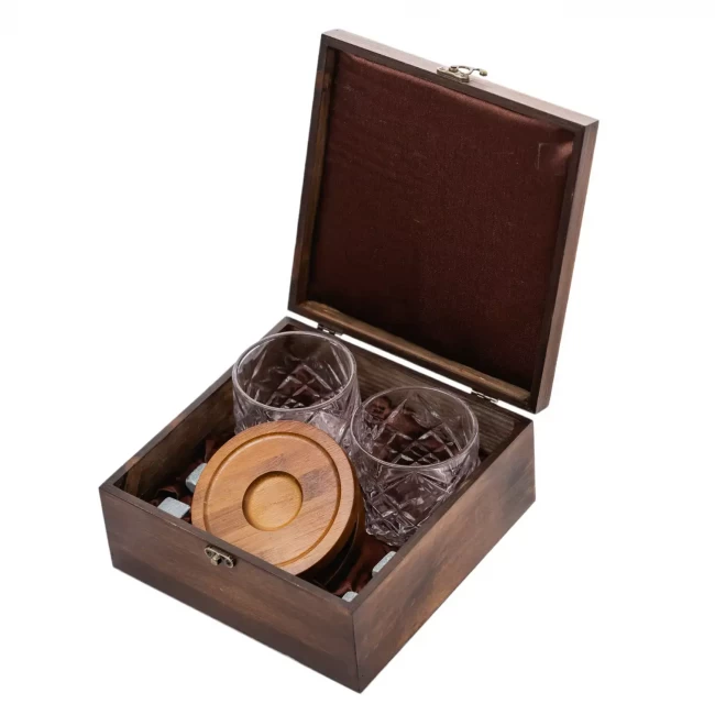 Подарочный набор с камнями для виски в деревянной шкатулке (вращающиеся стаканы с деревянной подставкой) AmiroTrend ABW-303W - фото3