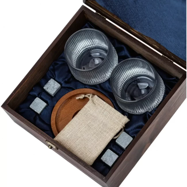 Подарочный набор с камнями для виски в деревянной шкатулке (крутящиеся бокалы с деревянной подставкой) AmiroTrend ABW-302W - фото2