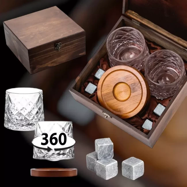 Подарочный набор с камнями для виски в деревянной шкатулке (вращающиеся стаканы с деревянной подставкой) AmiroTrend ABW-303W - фото2
