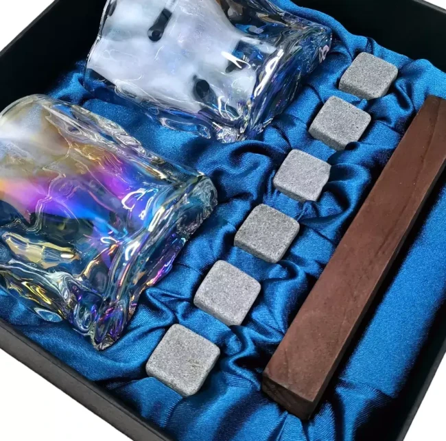Подарочный набор для виски 2 стакана, подставка с камнями AmiroTrend ABW-311 blue pearl - фото4