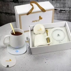 Подарочный набор, кружка керамическая с подогревом Amiro Tea ATC-001G, белый цвет - фото
