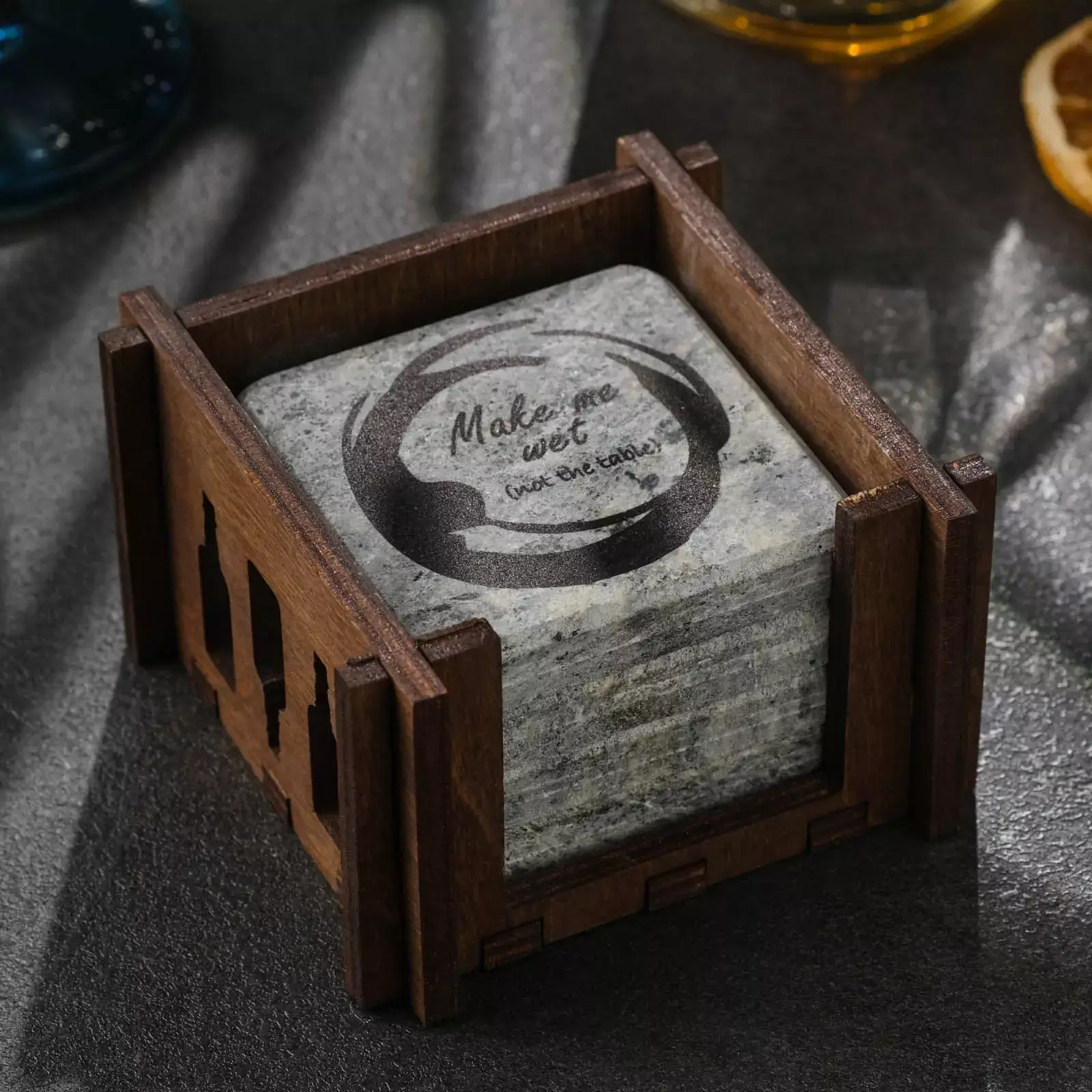 Набор костеров из стеатита в деревянной коробочке, Amiro Stone WS-106, 4 шт  - фото