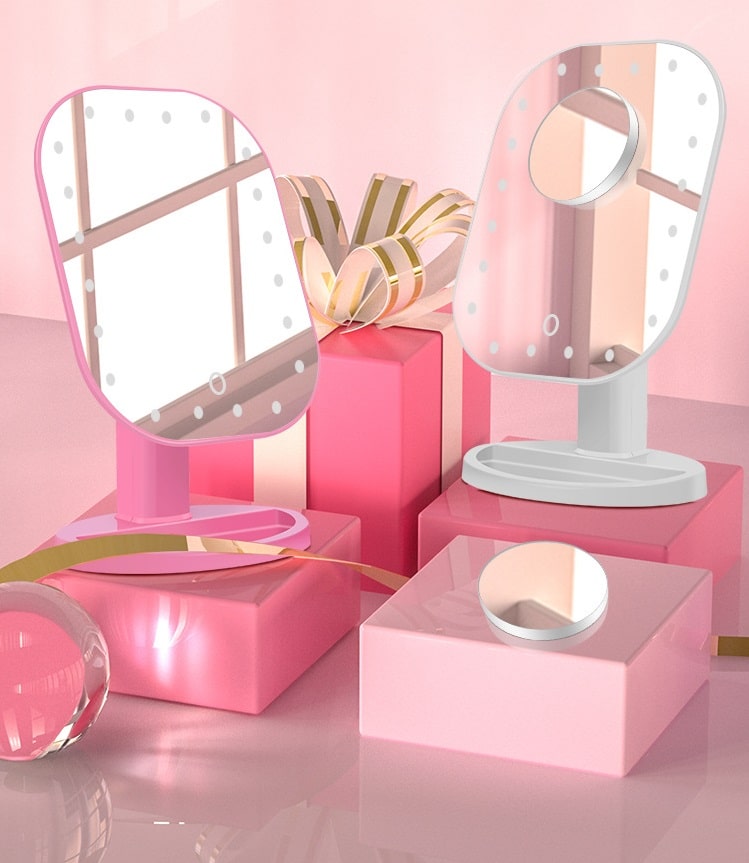 Настольное зеркало для макияжа с подсветкой и увеличением ShineMirror TD-002-01 розового цвета