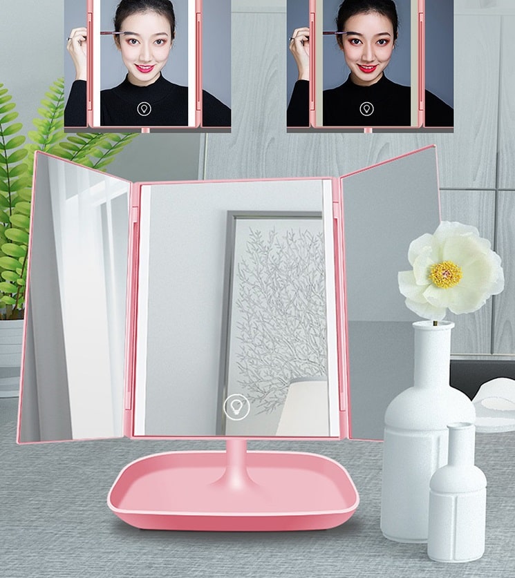 Настольное зеркало для макияжа с подсветкой и увеличением ShineMirror TD-028 розового цвета