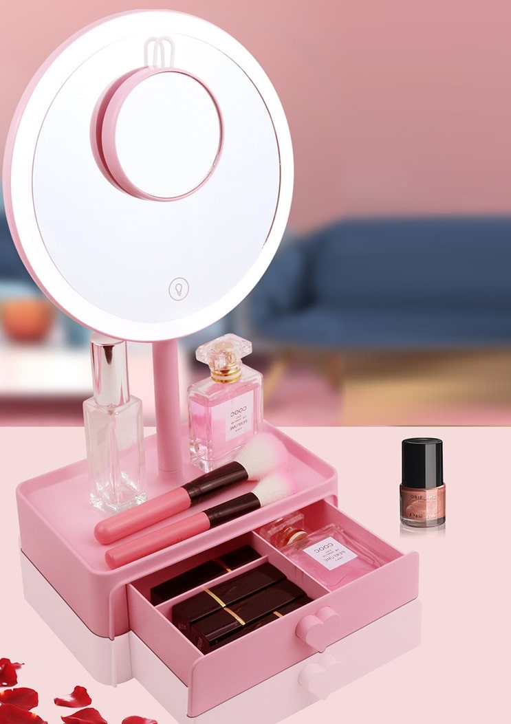 Настольное зеркало для макияжа с подсветкой и увеличением TD-021 розового цвета