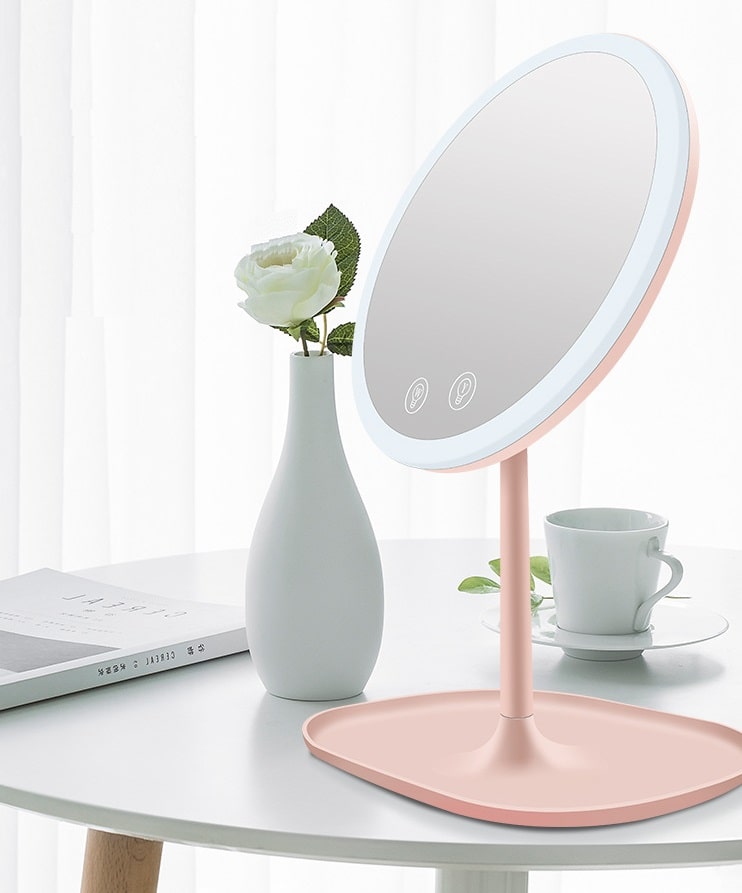 Настольное зеркало для макияжа с подсветкой и увеличением ShineMirror TD-019-01 розового цвета