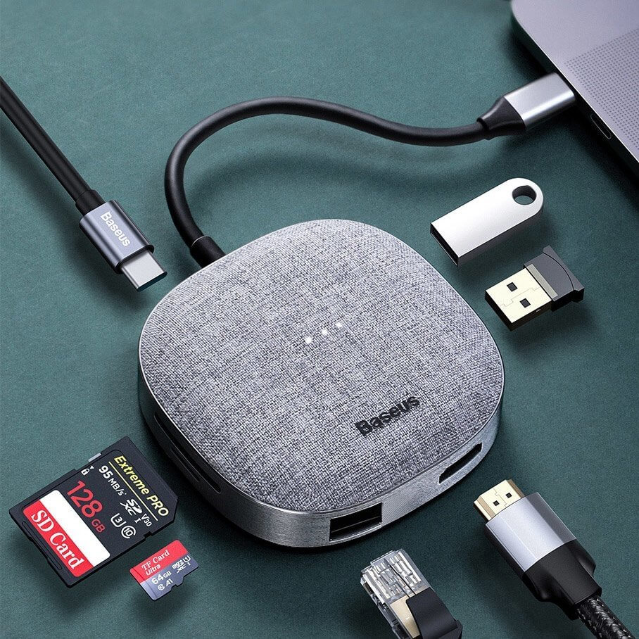 Переходник Baseus 7 в 1 Multifunction HUB Type-C to x2 USB 3.0, HDMI, RJ45, Type-C (CAHUB-DX0G) - картинка Переходник Baseus 7 в 1 Multifunction HUB Type-C to x2 USB 3.0, HDMI, RJ45, Type-C (CAHUB-DX0G) - фото