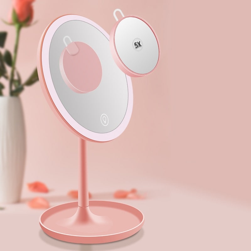 Настольное зеркало для макияжа с подсветкой и увеличением ShineMirror TD-020 розового цвета