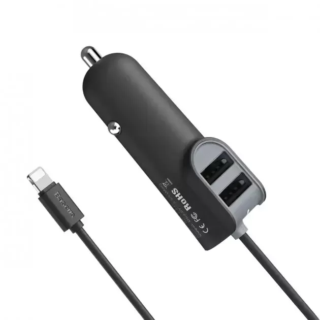 Автомобильное зарядное устройство Baseus CCNL-01 LIghtning 2 входа USB 12-24V 5.5A 1 метр черный - фото6