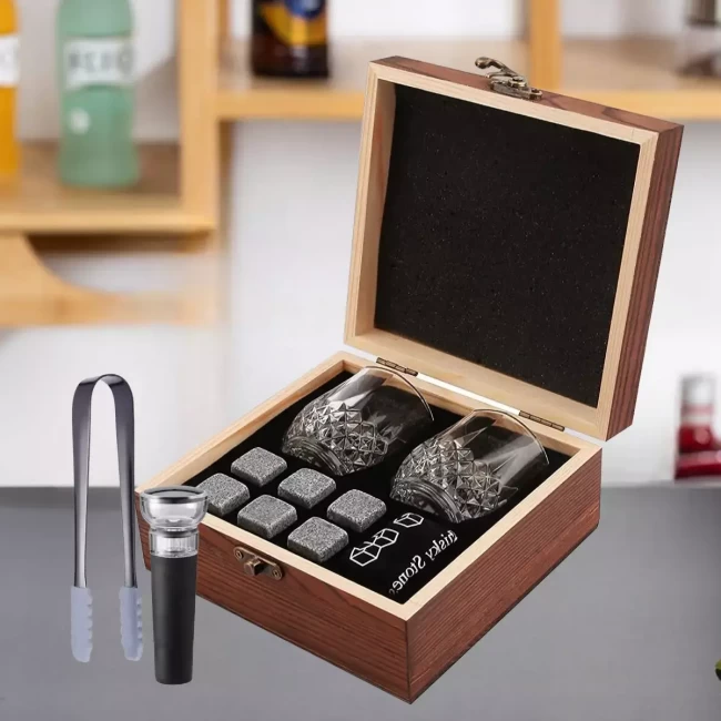 Подарочный набор с камнями для виски в деревянной шкатулке Amiro Bar Set ABS-204W