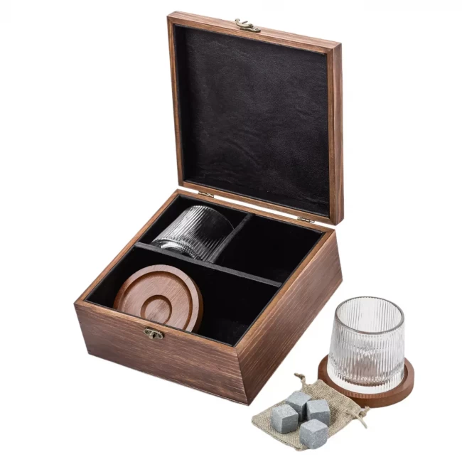Подарочный набор с камнями для виски в деревянной шкатулке (вращающиеся стаканы с деревянной подставкой) AmiroTrend ABW-301W - фото3