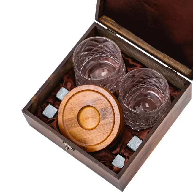 Подарочный набор с камнями для виски в деревянной шкатулке (вращающиеся стаканы с деревянной подставкой) AmiroTrend ABW-303W