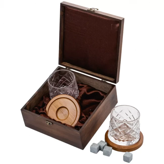 Подарочный набор с камнями для виски в деревянной шкатулке (вращающиеся стаканы с деревянной подставкой) AmiroTrend ABW-303W
