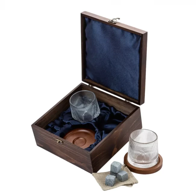 Подарочный набор с камнями для виски в деревянной шкатулке (вращающиеся стаканы с деревянной подставкой) AmiroTrend ABW-302W - фото3