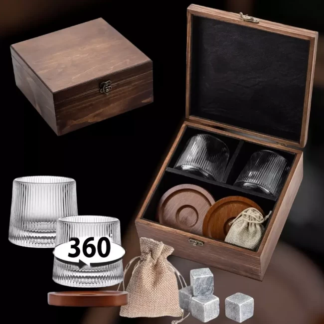 Подарочный набор с камнями для виски в деревянной шкатулке (вращающиеся стаканы с деревянной подставкой) AmiroTrend ABW-301W - фото