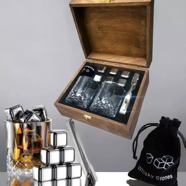 Подарочный набор с камнями для виски в деревянной шкатулке Amiro Bar Set ABS-205S - фото