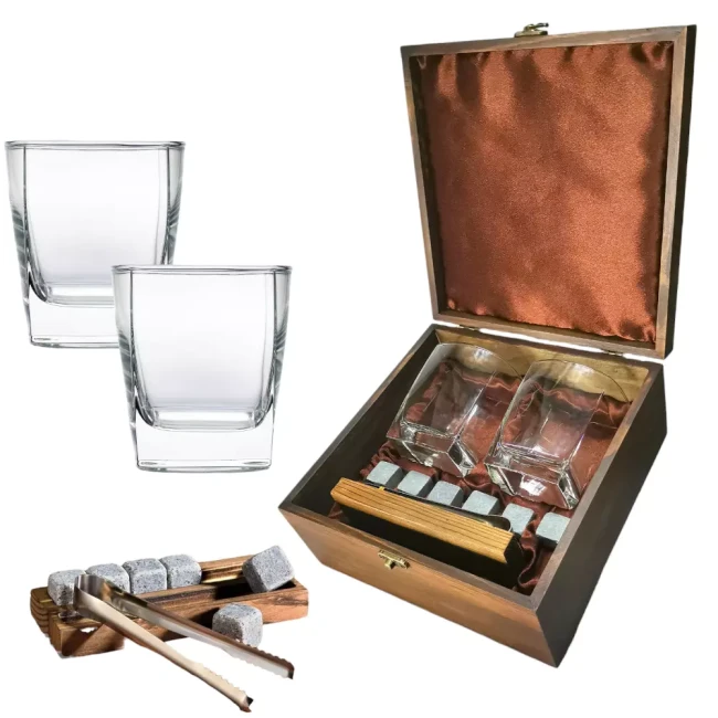 Подарочный набор для виски в деревянной шкатулке с камнями AmiroTrend ABW-103s