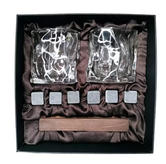 Подарочный набор для виски 2 стакана, подставка с камнями AmiroTrend ABW-311 brown crystal - фото2