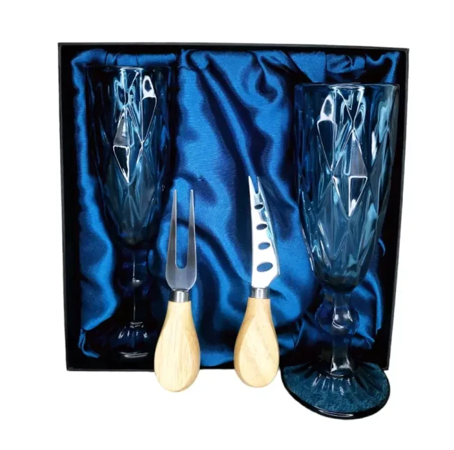 Подарочный набор для игристого и сыра, 2 бокала, нож, вилка AmiroTrend ABW-502 blue - фото5
