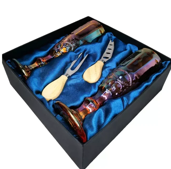 Подарочный набор для игристого и сыра, 2 бокала, нож, вилка AmiroTrend ABW-503 blue amber - фото3