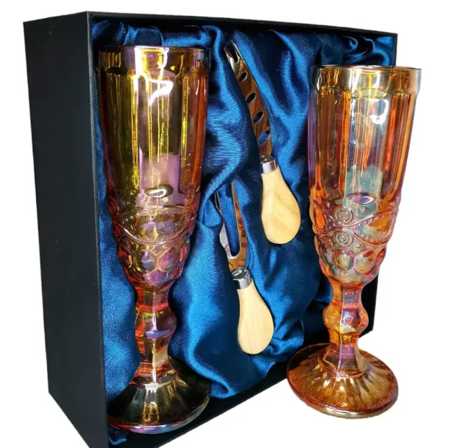 Подарочный набор для игристого и сыра, 2 бокала, нож, вилка AmiroTrend ABW-503 blue amber - фото5