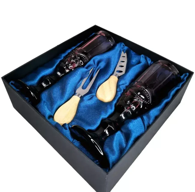 Подарочный набор для игристого и сыра, 2 бокала, нож, вилка AmiroTrend ABW-503 blue burgundy - фото3