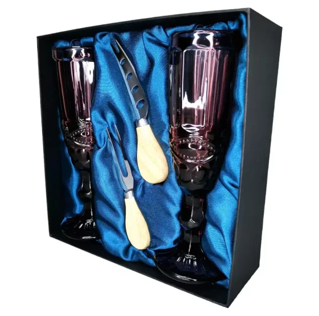 Подарочный набор для игристого и сыра, 2 бокала, нож, вилка AmiroTrend ABW-503 blue burgundy - фото7