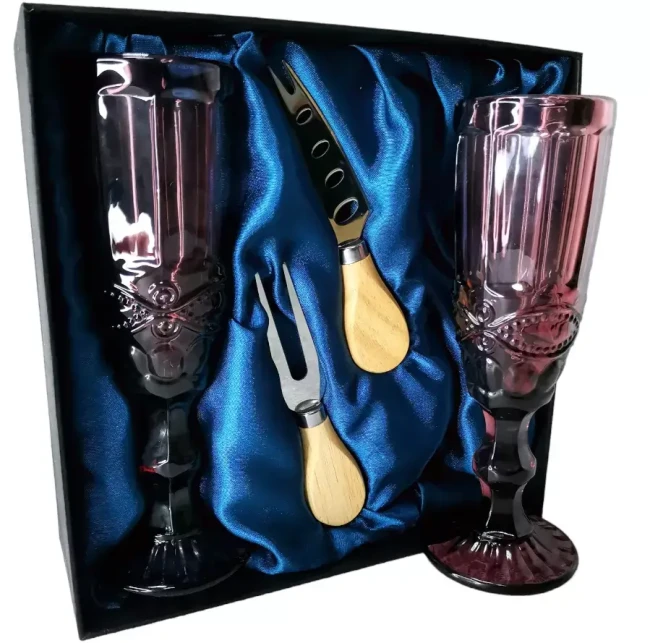 Подарочный набор для игристого и сыра, 2 бокала, нож, вилка AmiroTrend ABW-503 blue burgundy - фото5