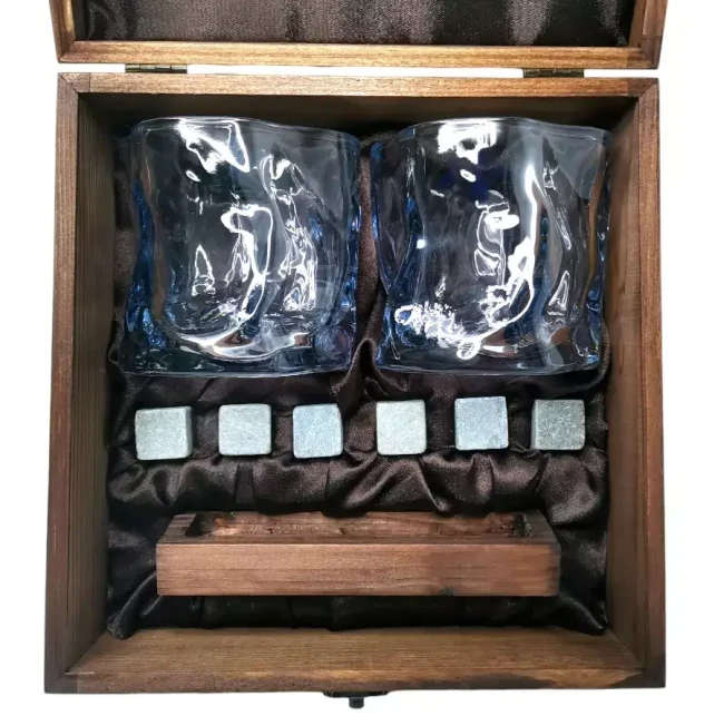 Подарочный набор для виски в деревянной шкатулке с камнями AmiroTrend ABW-304 brown transparent blue - фото5