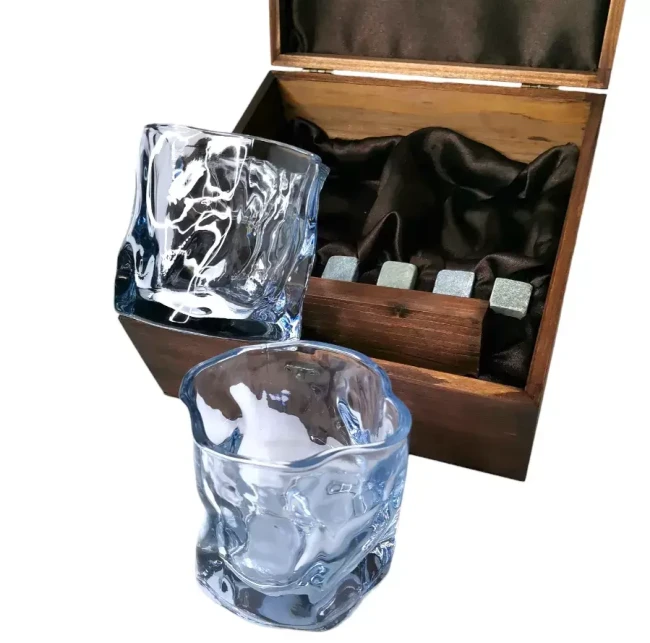Подарочный набор для виски в деревянной шкатулке с камнями AmiroTrend ABW-304 brown transparent blue - фото3