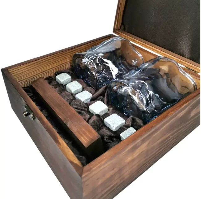 Подарочный набор для виски в деревянной шкатулке с камнями AmiroTrend ABW-304 brown transparent blue - фото7