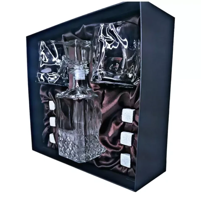 Подарочный набор для виски со штофом, 2 стакана, 6 камней AmiroTrend ABW-404 black transparent - фото5