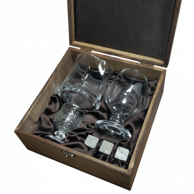 Подарочный набор 1 стакан для виски,1 коньячный бокал,1 рюмка,3 камня AmiroTrend ABW-705 transparent - фото2