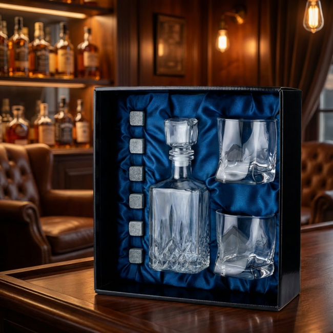 Подарочный набор для виски со штофом, 2 стакана, 6 камней AmiroTrend ABW-402 blue crystal - фото