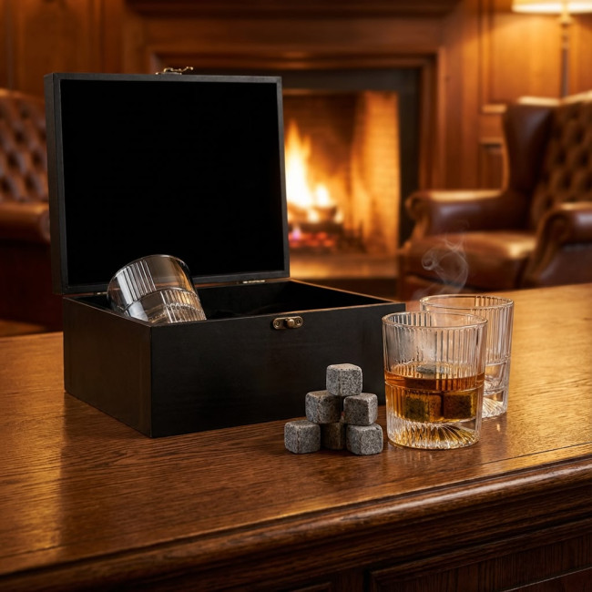 Подарочный набор для виски 2 стакана, 8 камней, щипцы в кожаной шкатулке AmiroTrend ABW-810 PREMIUM crystal  - фото2