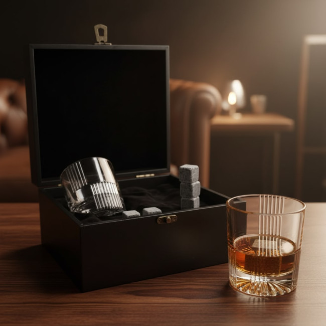 Подарочный набор для виски 2 стакана, 8 камней, щипцы в кожаной шкатулке AmiroTrend ABW-810 PREMIUM crystal  - фото4