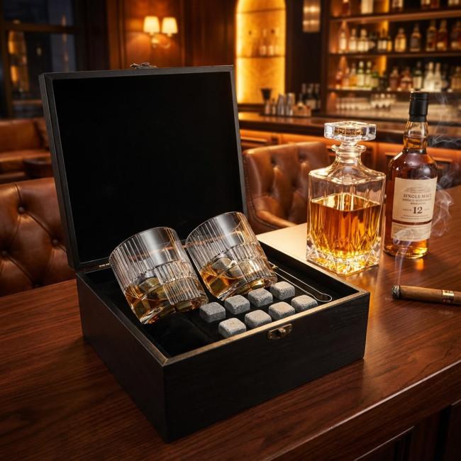 Подарочный набор для виски 2 стакана, 8 камней, щипцы в кожаной шкатулке AmiroTrend ABW-810 PREMIUM crystal  - фото