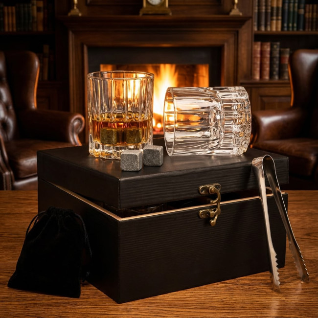 Подарочный набор для виски 2 стакана, 8 камней, щипцы в кожаной шкатулке AmiroTrend ABW-800 PREMIUM crystal  - фото2