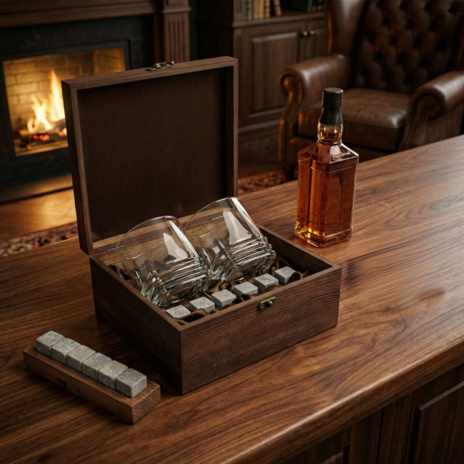 Подарочный набор для виски в деревянной шкатулке с камнями AmiroTrend ABW-307 - фото