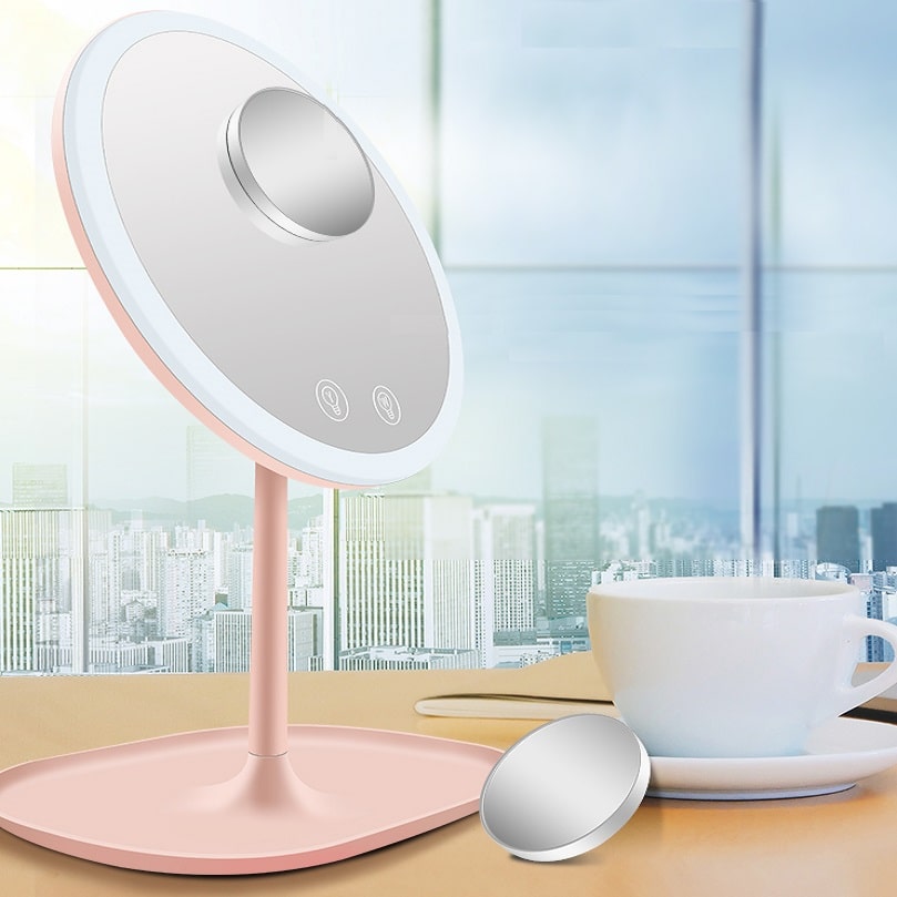 Настольное зеркало для макияжа с подсветкой и увеличением ShineMirror TD-019-01 розового цвета - фото