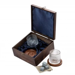 Подарочный набор с камнями для виски в деревянной шкатулке (крутящиеся бокалы с деревянной подставкой) AmiroTrend ABW-302W - фото