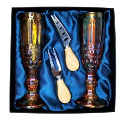 Подарочный набор для игристого и сыра, 2 бокала, нож, вилка AmiroTrend ABW-503 blue amber - фото