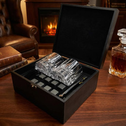 Подарочный набор для виски 2 стакана, 8 камней, щипцы в кожаной шкатулке AmiroTrend ABW-800 PREMIUM crystal  - фото